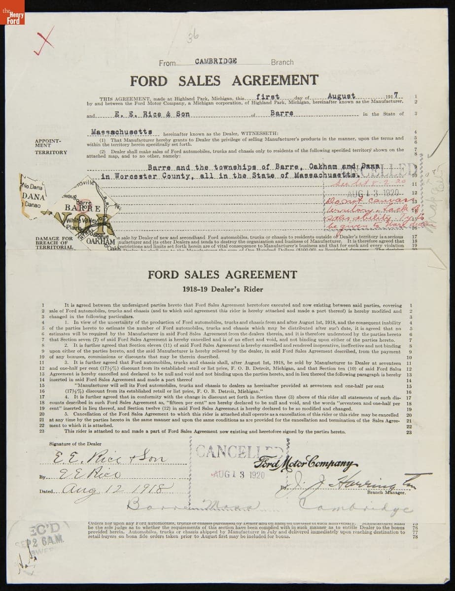 Cancelled Ford Sales Agreement for E.E. Rice & Son, Barre, Massachusetts, August 13, 1920