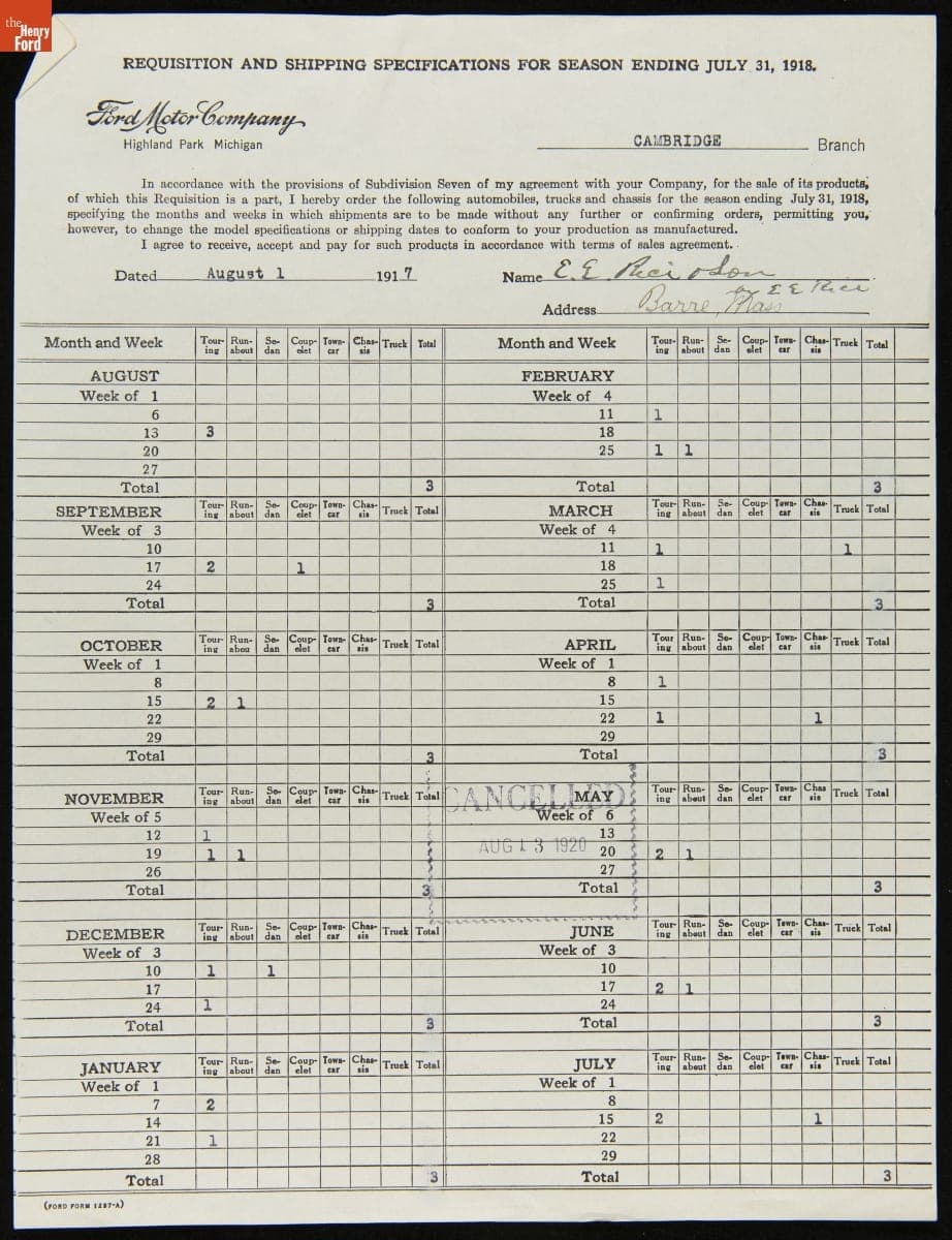 Cancelled Requisition Form for E.E. Rice & Son, Barre, Massachusetts, August 13, 1920