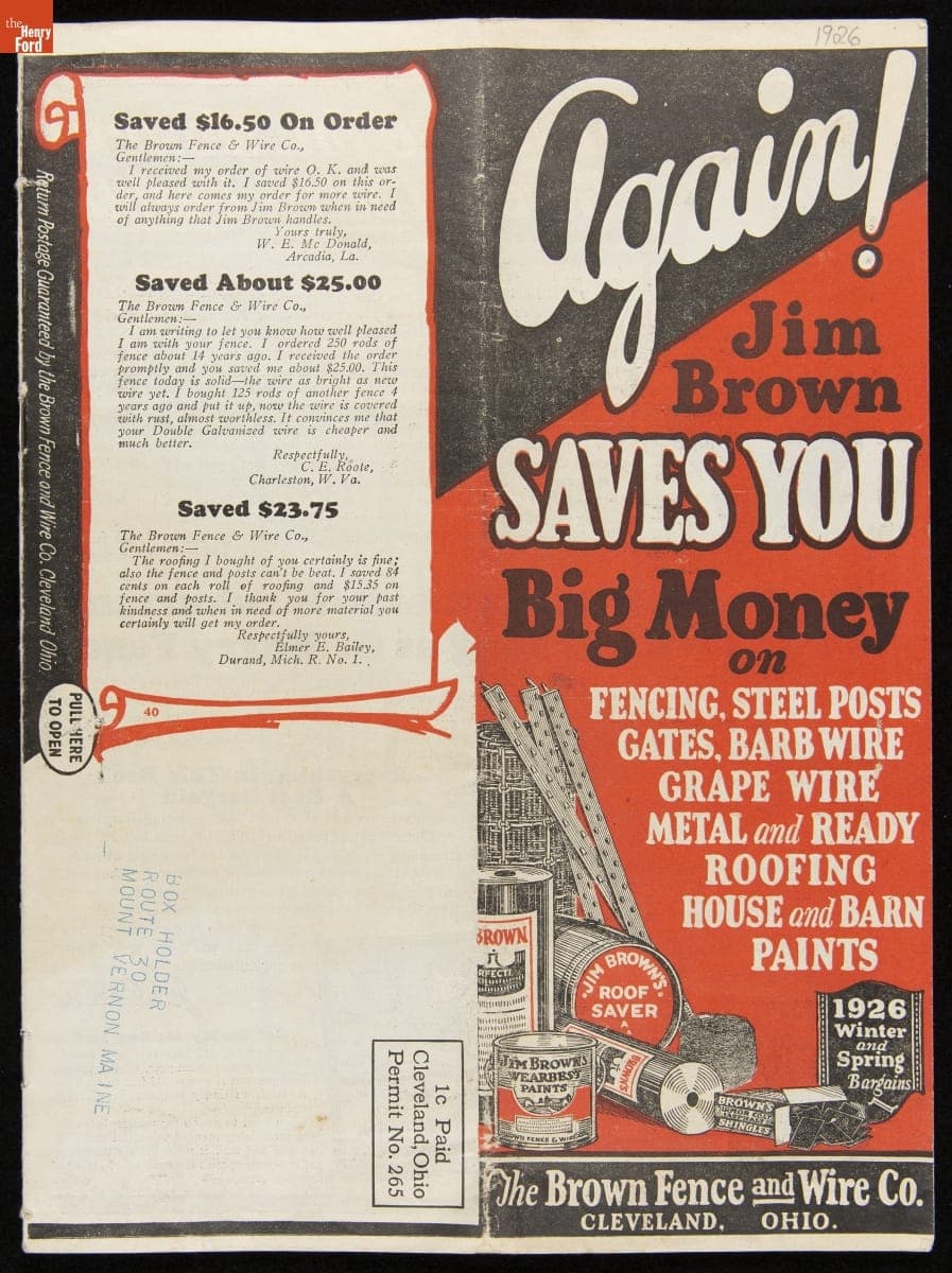 Brown Fence & Wire Co. Trade Catalog, "Again! Jim Brown Saves You Big Money on Fencing, Steel Posts, Gates, Barb Wire, Grape Wire, Metal and Ready Roofing, House and Barn Paints," 1926