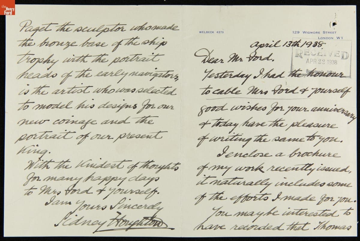 Letter from Sidney Houghton Sending Anniversary Well-wishes to Clara and Henry Ford, April 13, 1938