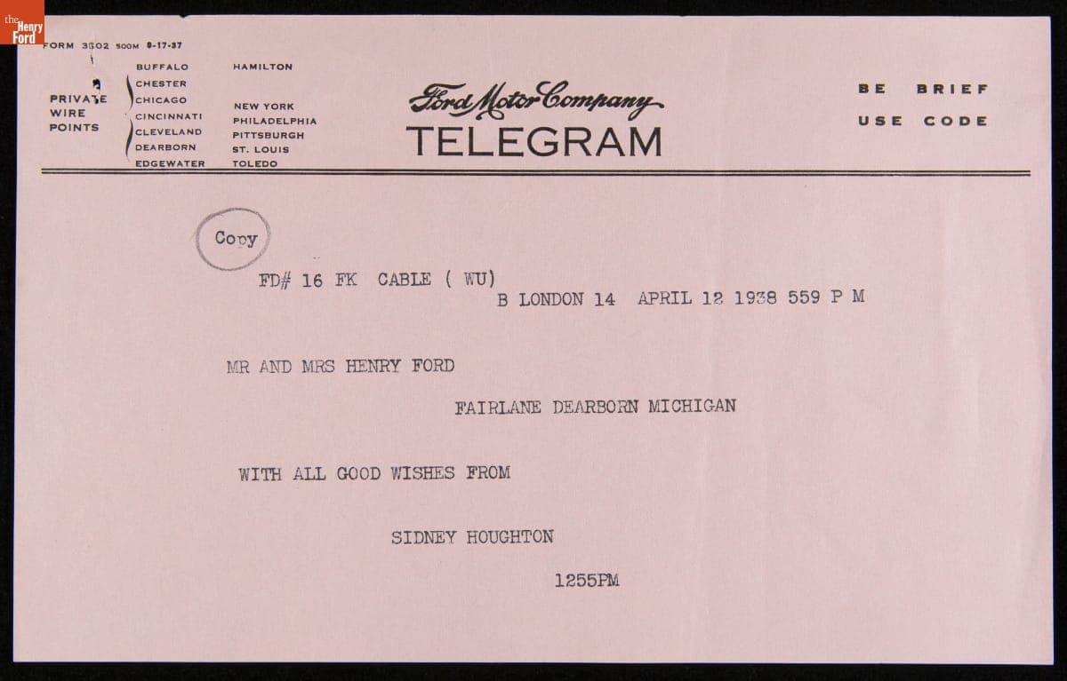 Telegram from Sidney Houghton Sending Anniversary Well-wishes to Clara and Henry Ford, April 12, 1838