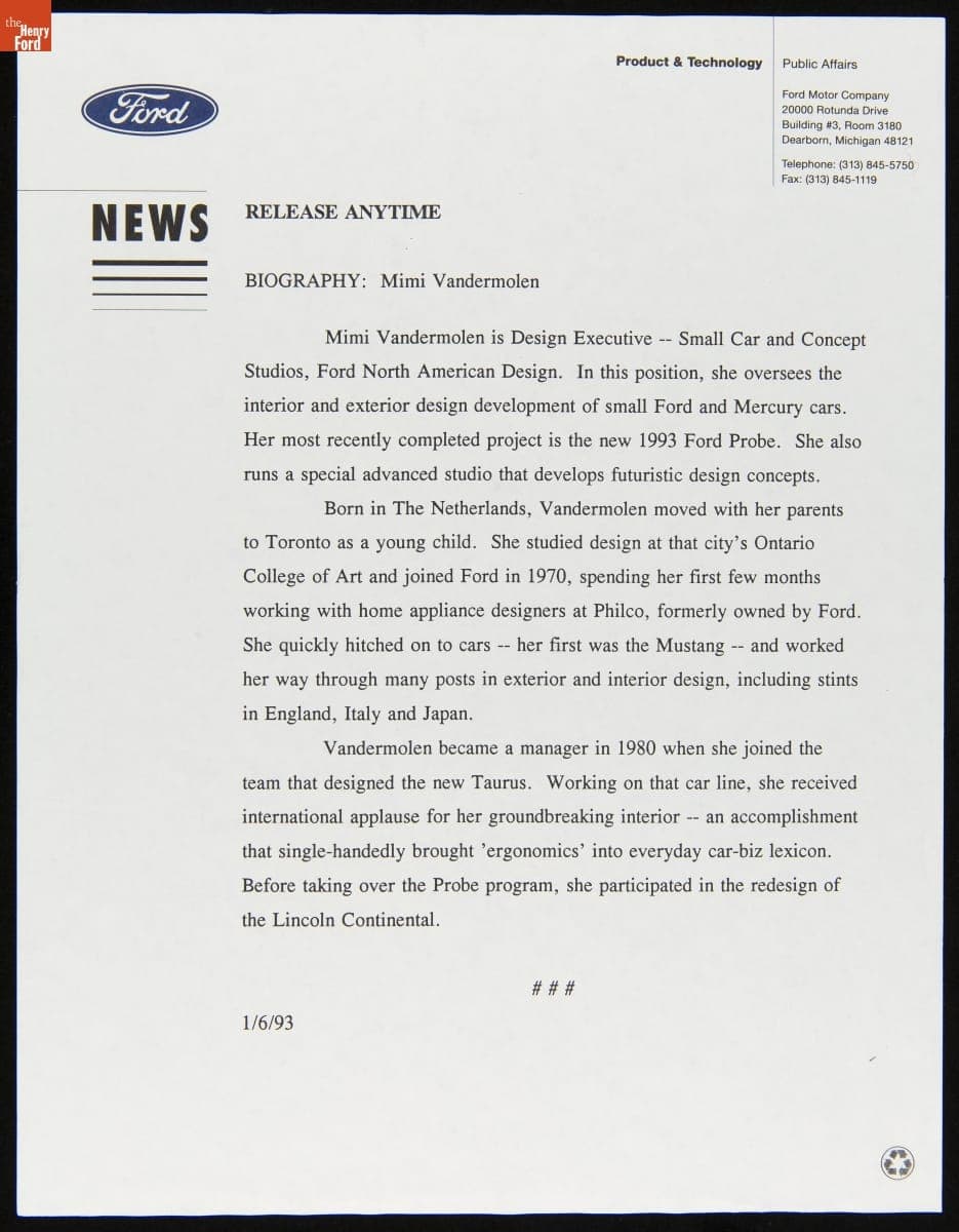 Ford Motor Company Press Release, "Biography - Mimi Vandermolen," January 6, 1993