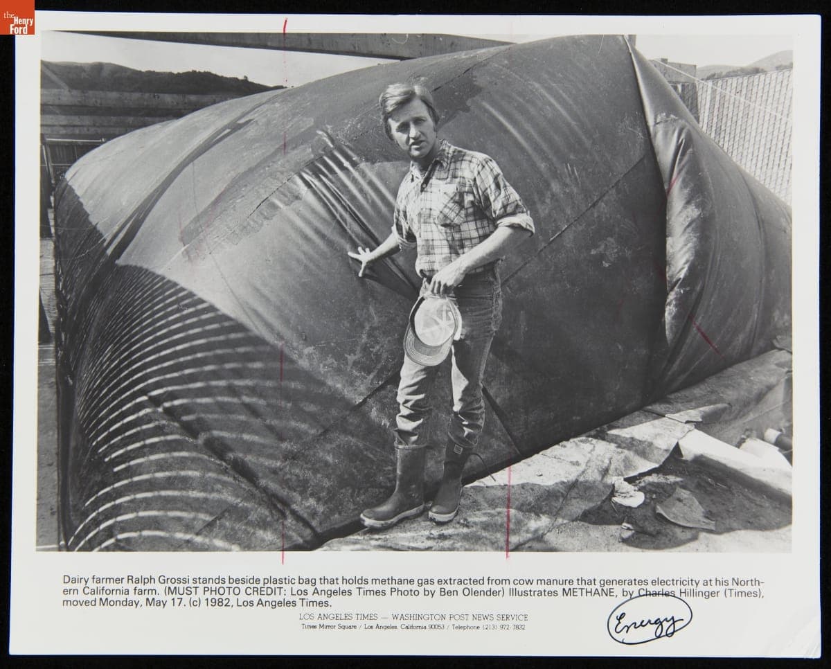 Ralph Grossi Showing a Bag of Methane from Cow Manure, Used to Generate Electricity at His Dairy Farm, May 17, 1982