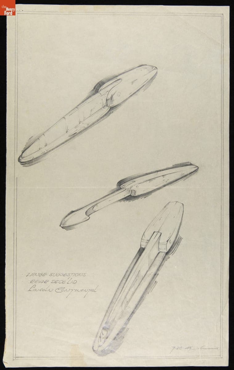 Rendering, "Hinge Suggestions, Rear Deck Lid, Lincoln Continental," July 20, 1945