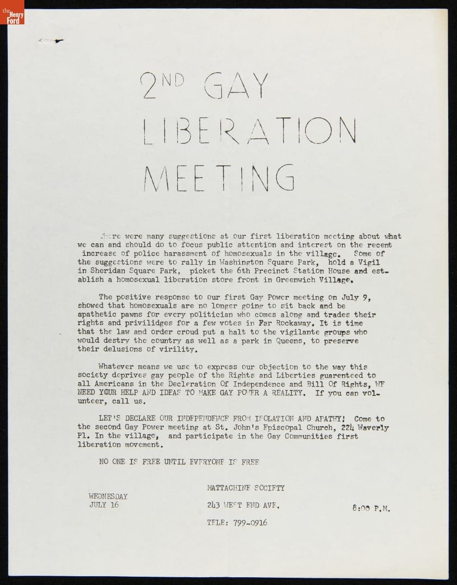 Flier, "2nd Gay Liberation Meeting," July 1969
