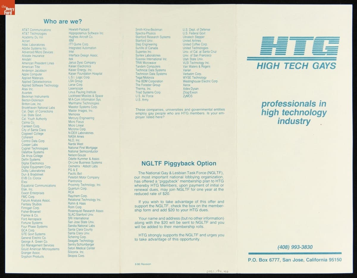 High Tech Gays Brochure, 1985-1986