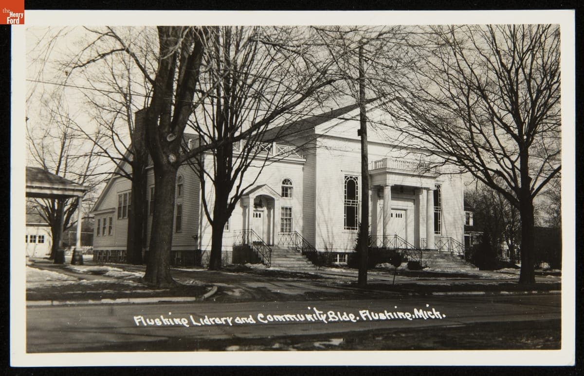 Postcard, "Flushing Library and Community Building, Flushing, MI," circa 1943