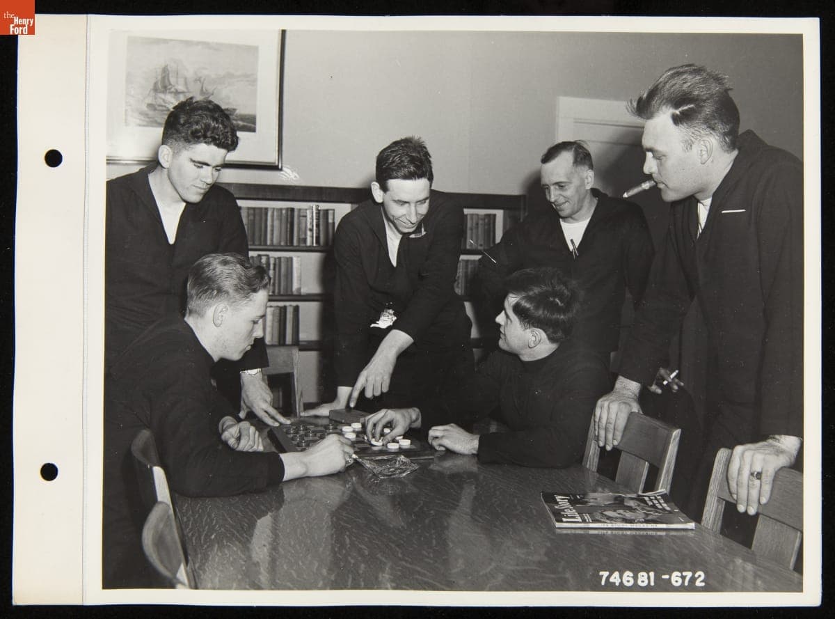 Sailors Playing Checkers in the Library at the Navy Service School, Ford Rouge Plant, Dearborn, Michigan, 1941-1945