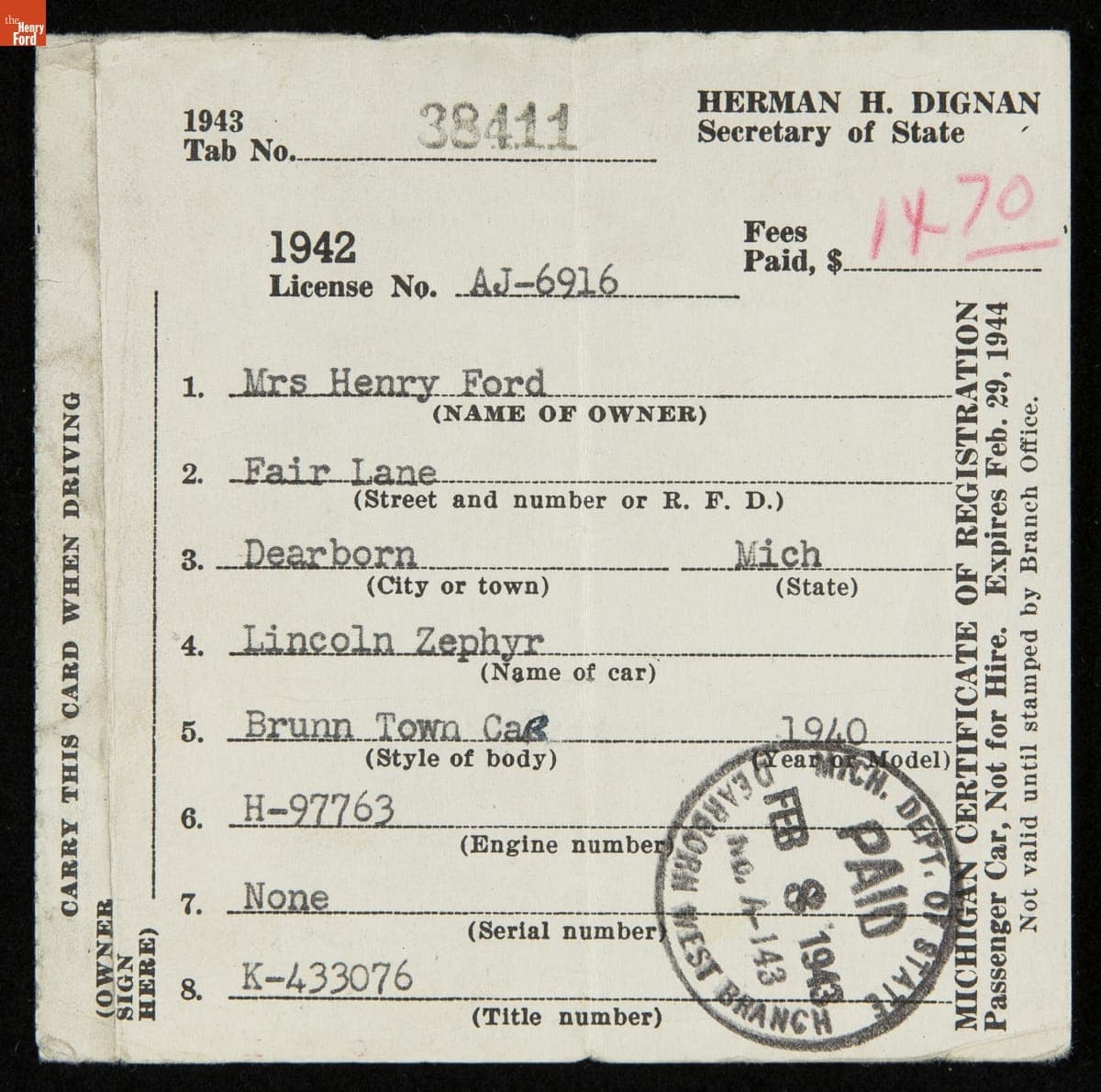 Michigan Certificate of Registration for a Lincoln Zephyr Brunn Town Car Owned by Clara Bryant Ford, 1942