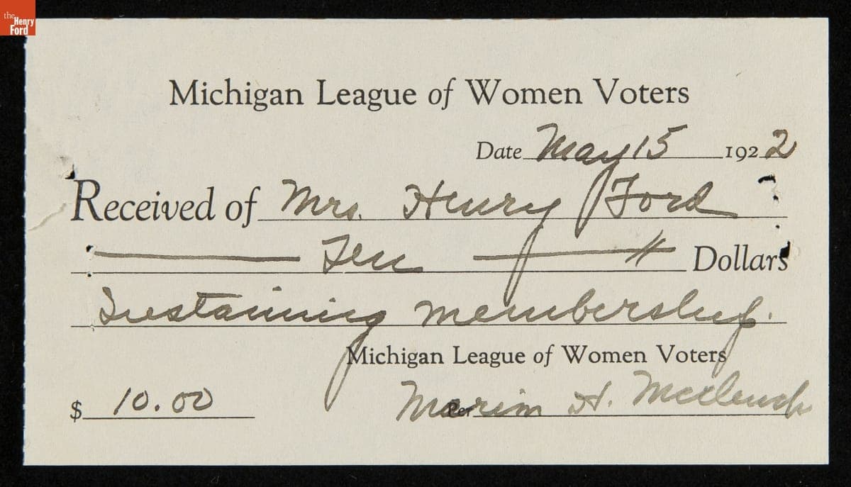 Receipt from Michigan League of Women Voters to Sustaining Member Clara Ford (Mrs. Henry Ford), May 15, 1922