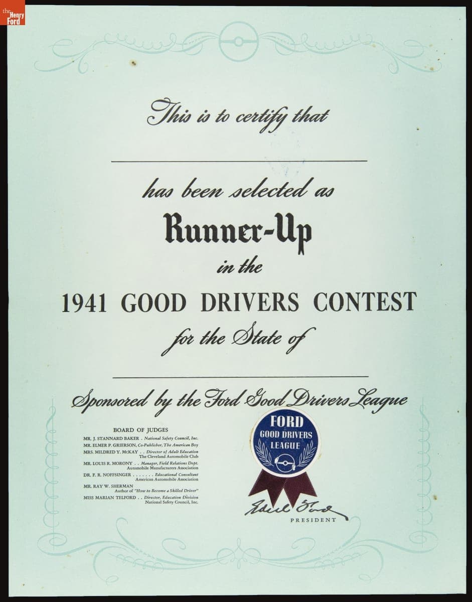 Good Drivers Contest Runner-Up Certificate, 1941