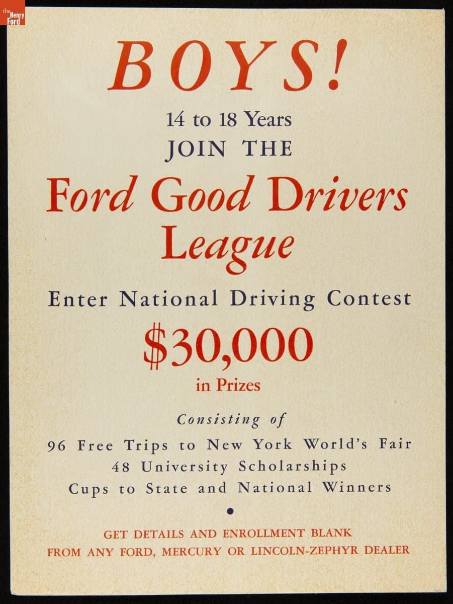 Boys! 14 to 18 Years, Join the Ford Good Drivers League, 1940
