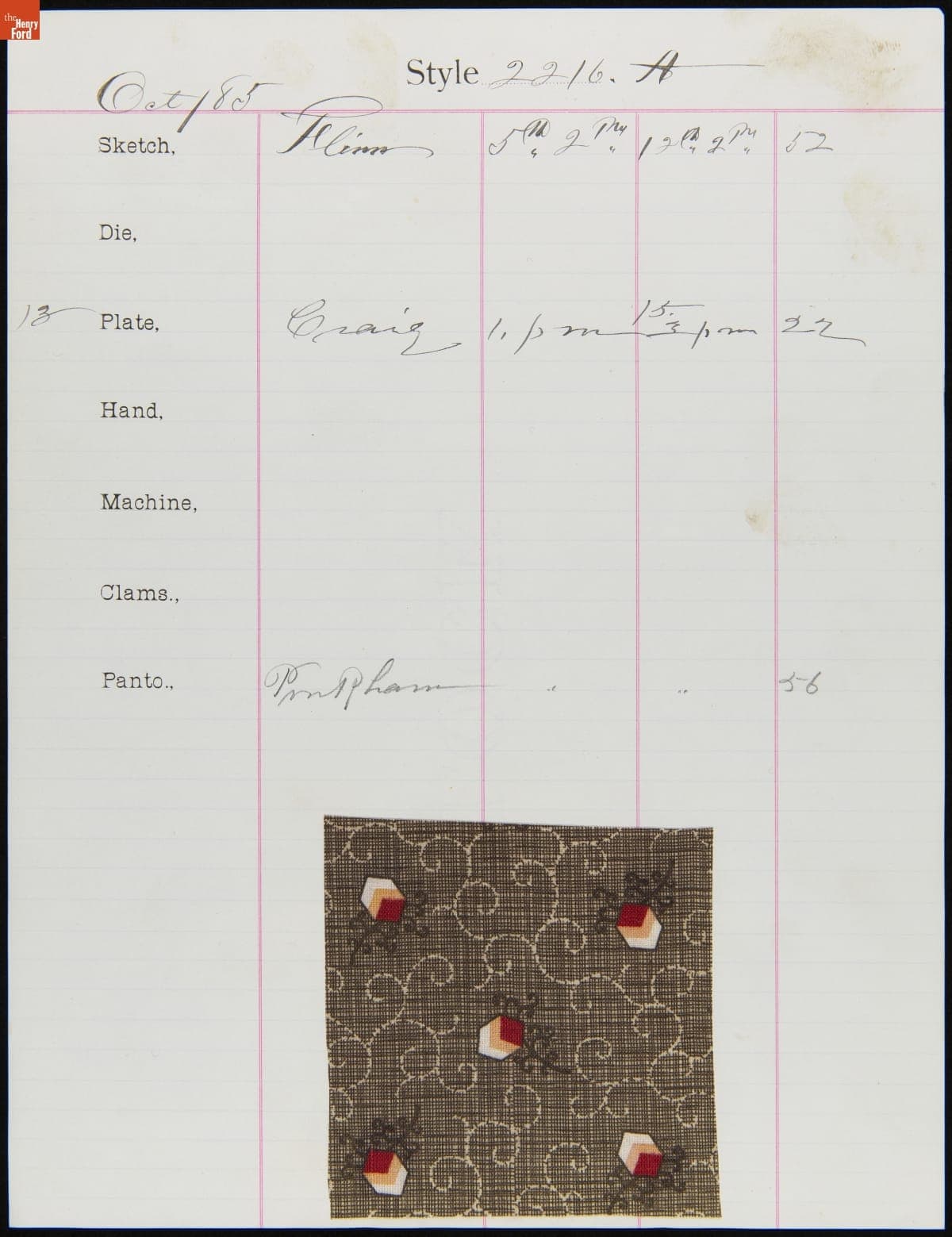 Engraver Sheet for Textile Fabric Style No. 2216 A, Cocheco Mfg. Co., October 1885