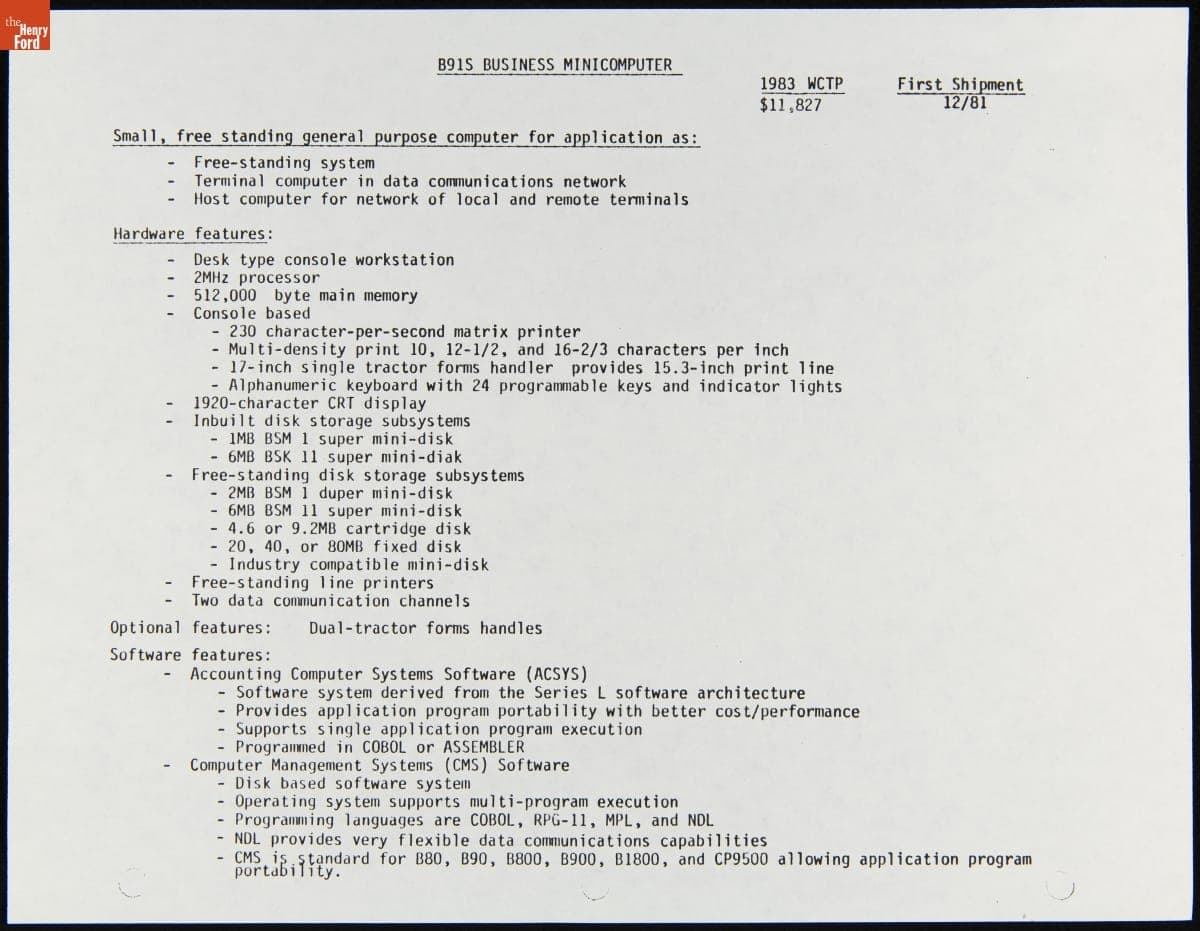 Specifications for the Burroughs B91S Business Mini-Computer, September 1983