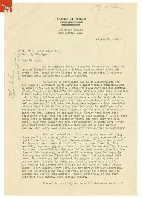 Letter from James H. Bear to Edsel Ford Praising Henry Ford and the Model T, 1938