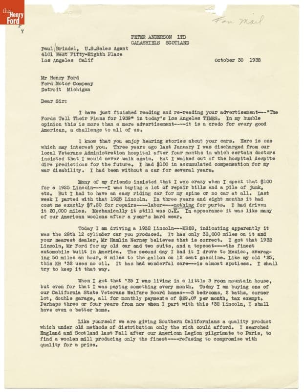 Letter from Paul Brindel to Henry Ford Praising Lincoln Cars and Ford's Manufacturing Methods, 1938