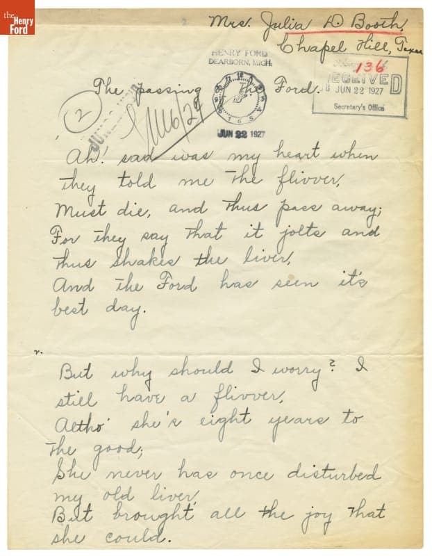 Poem Lamenting the End of the Model T Era, "The Passing of the Ford," 1927