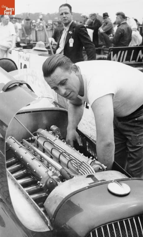 Art Sparks Working on a Sparks-Thorne Six-Cylinder Engine Car at a Race, circa 1940