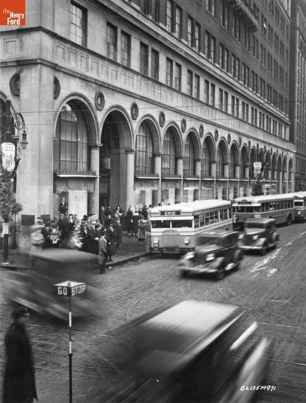 Mack Model CL Buses Loading Passengers at a Downtown Intersection, Toledo, Ohio, 1935