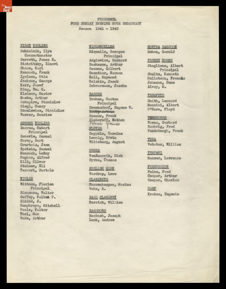 List of Ford Symphony Orchestra Members for the Ford Sunday Evening Hour Radio Broadcast, 1941-1942