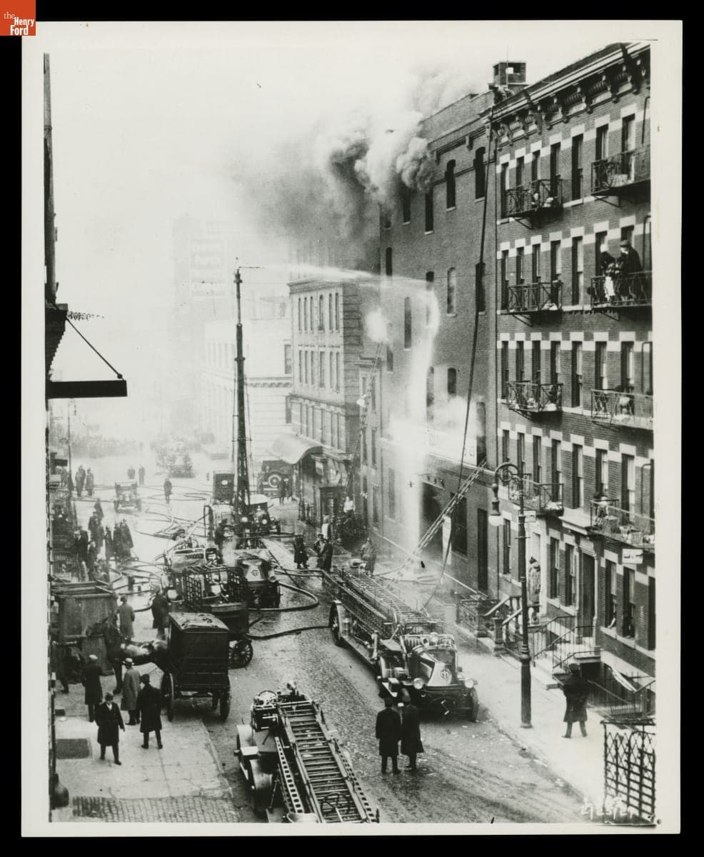 Mack Fire Trucks at the Scene of an Apartment Fire in New York City, February 1927
