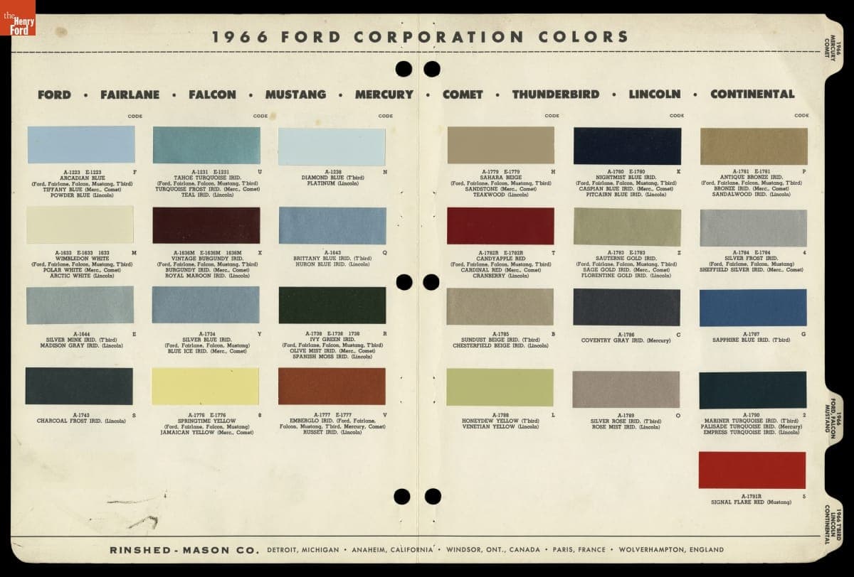 Paint Color Sample Card for Ford, Lincoln and Mercury Cars, "1966 Ford Corporate Colors"
