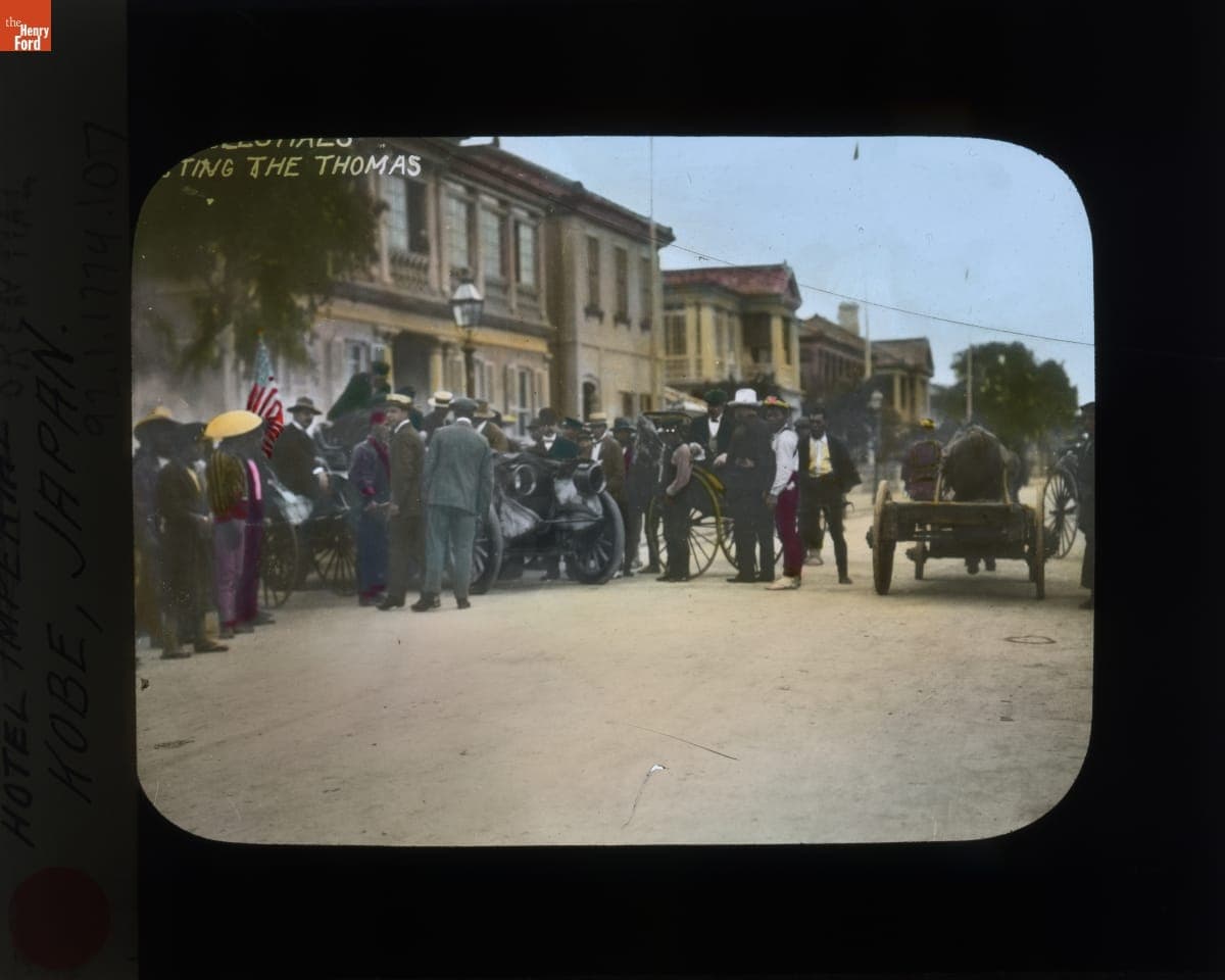 People Viewing the Thomas Flyer at Hotel Oriental, Kobe, Japan, New York to Paris Race, 1908
