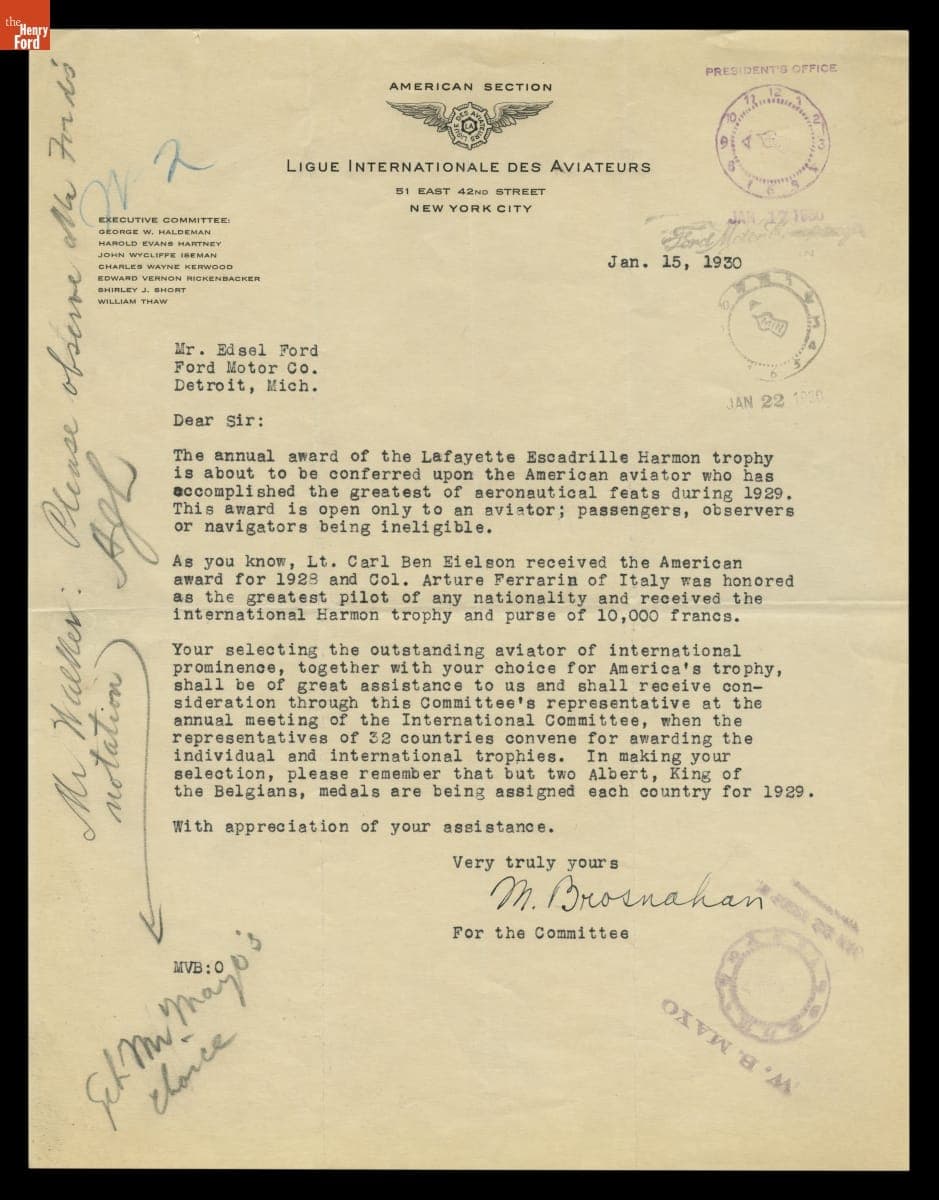 Letter from Ligue Internationale Des Aviateurs to Edsel Ford, January 15, 1930