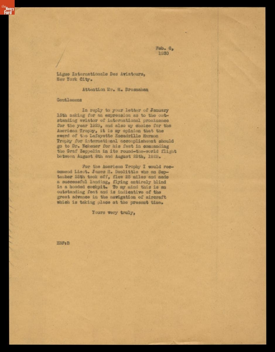 Letter from Edsel Ford to Ligue Internationale Des Aviateurs, February 6, 1930
