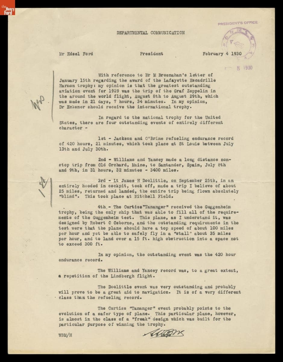 Memorandum from W.B. Mayo to Edsel Ford, February 4, 1930