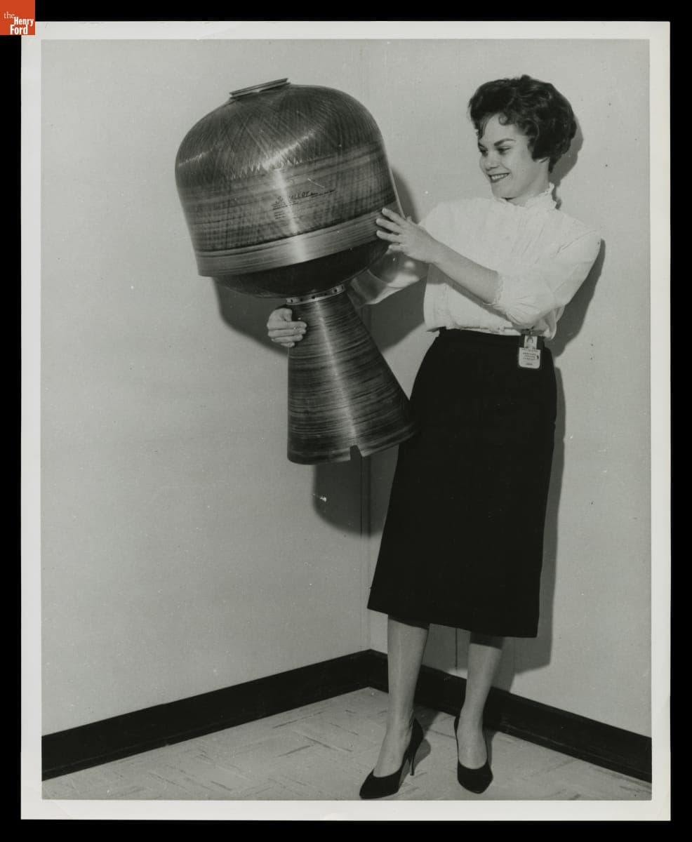 Beverly Rushton Holding a Retrorocket for NASA Ranger Spacecraft, 1962