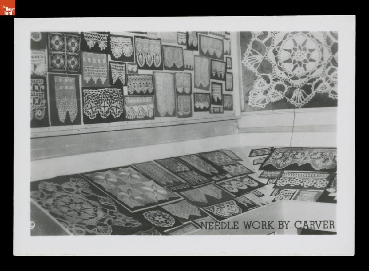 Display of Textile Art by George Washington Carver, "Needle Work by Carver," circa 1941