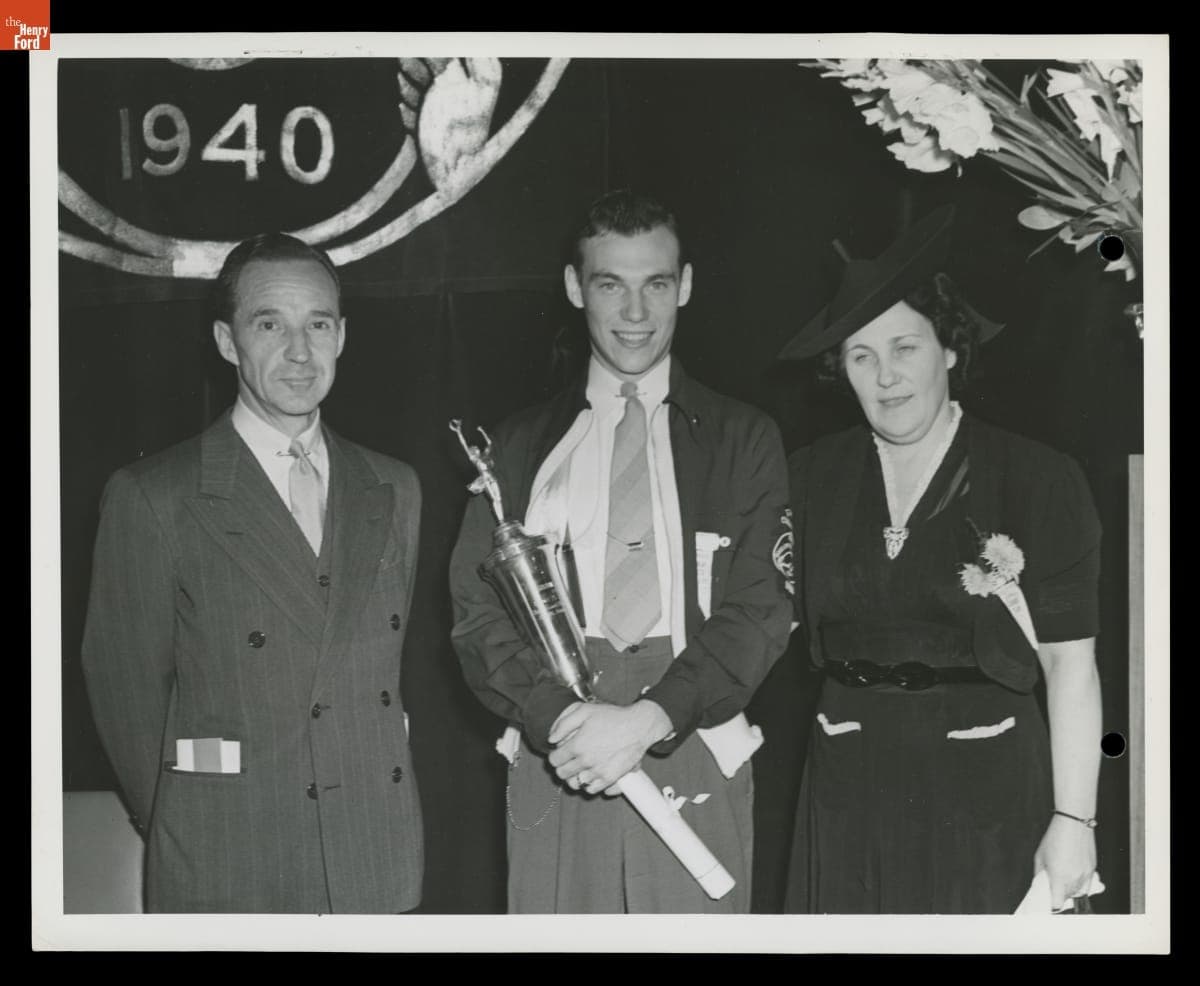 Edsel Ford with Gene M. Kennard, Winner of the Ford Good Drivers League Scholarship, and his Mother, August 1940