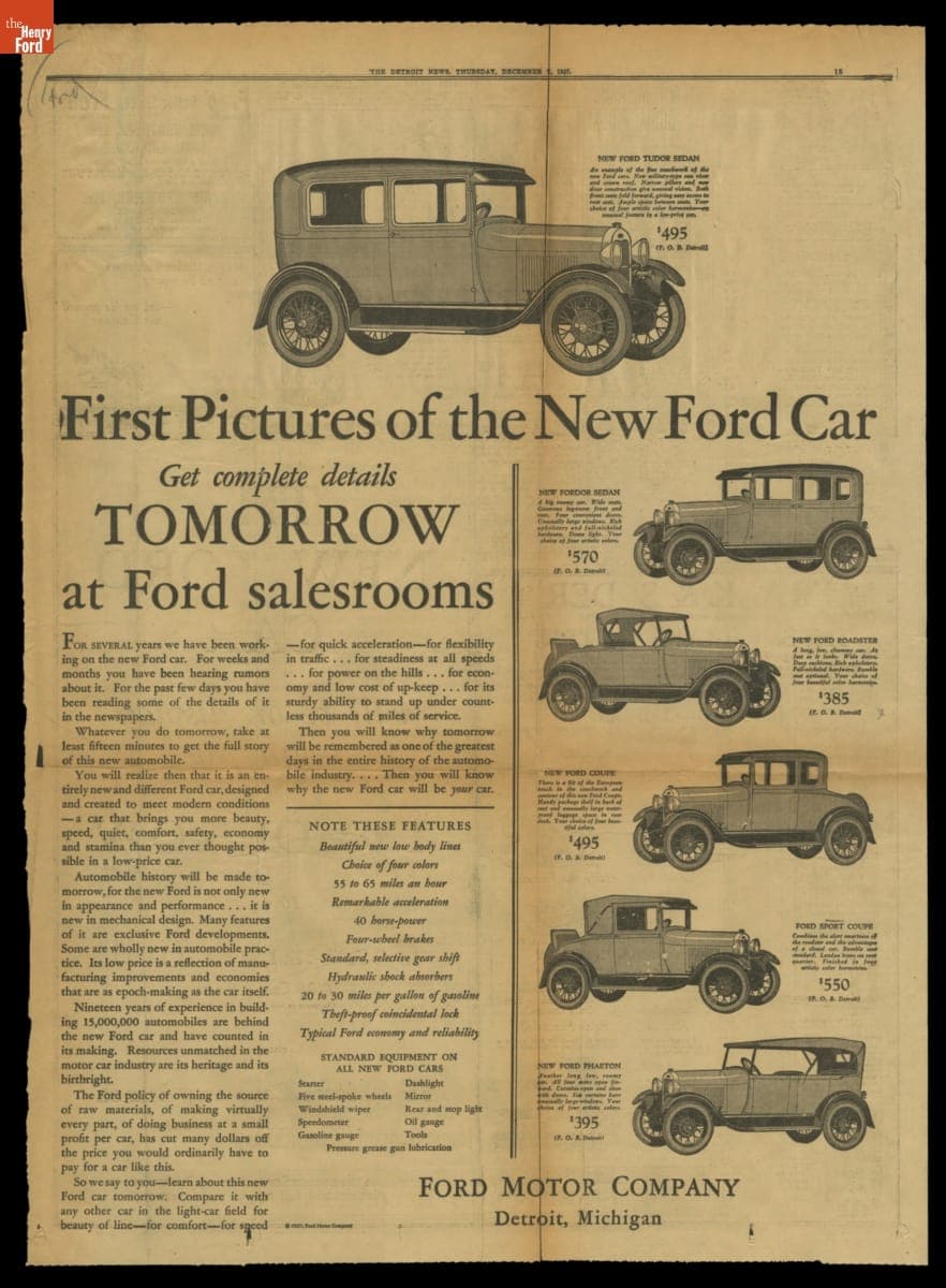 Advertisement, "First Pictures of the New Ford Car," December 1, 1927