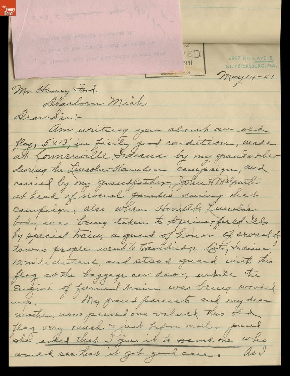 Letter regarding Lincoln Campaign Flag Donation, 1941