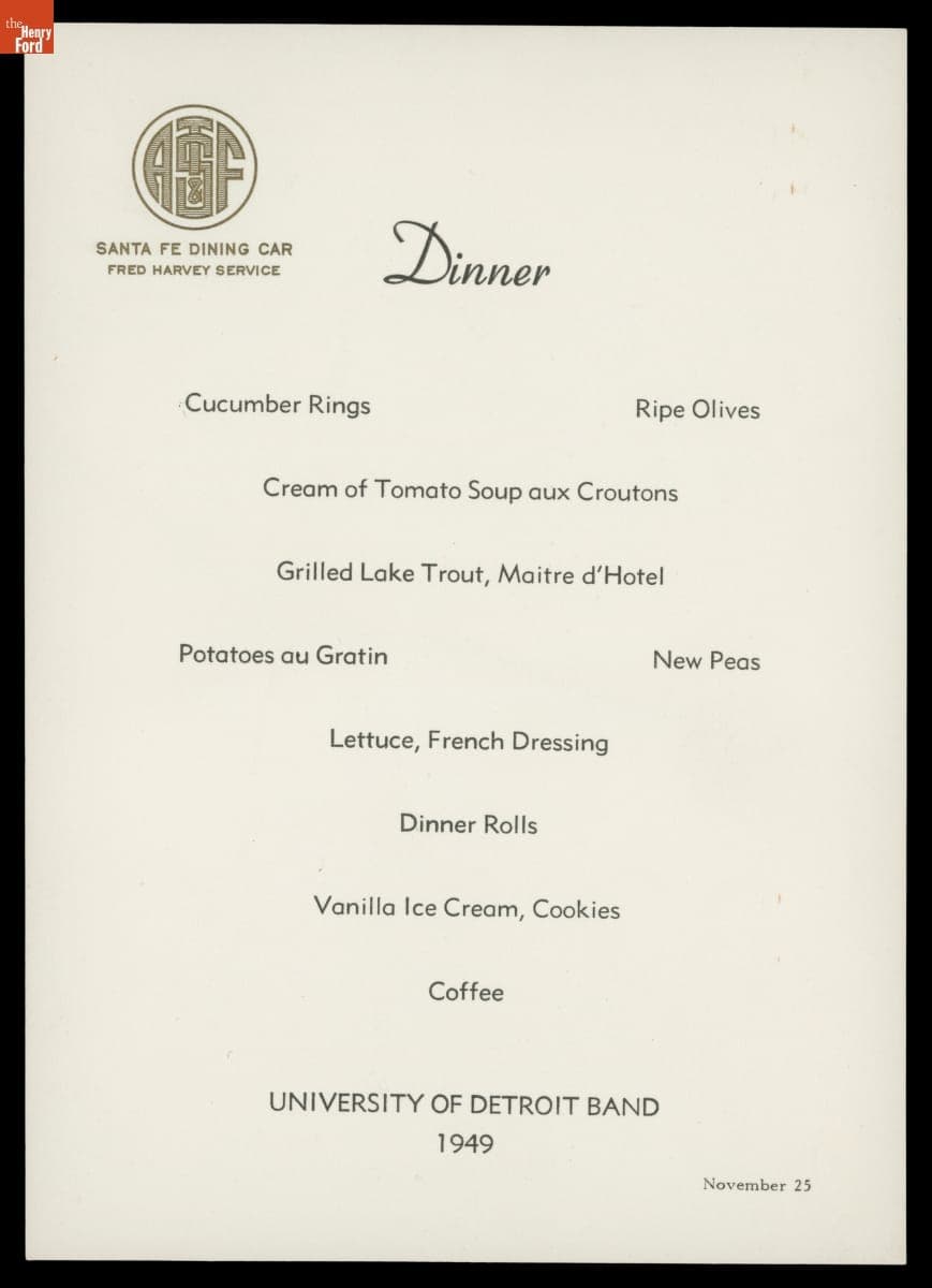 Fred Harvey Services Santa Fe Dining Car Menu Prepared for the University of Detroit Band, November 25, 1949