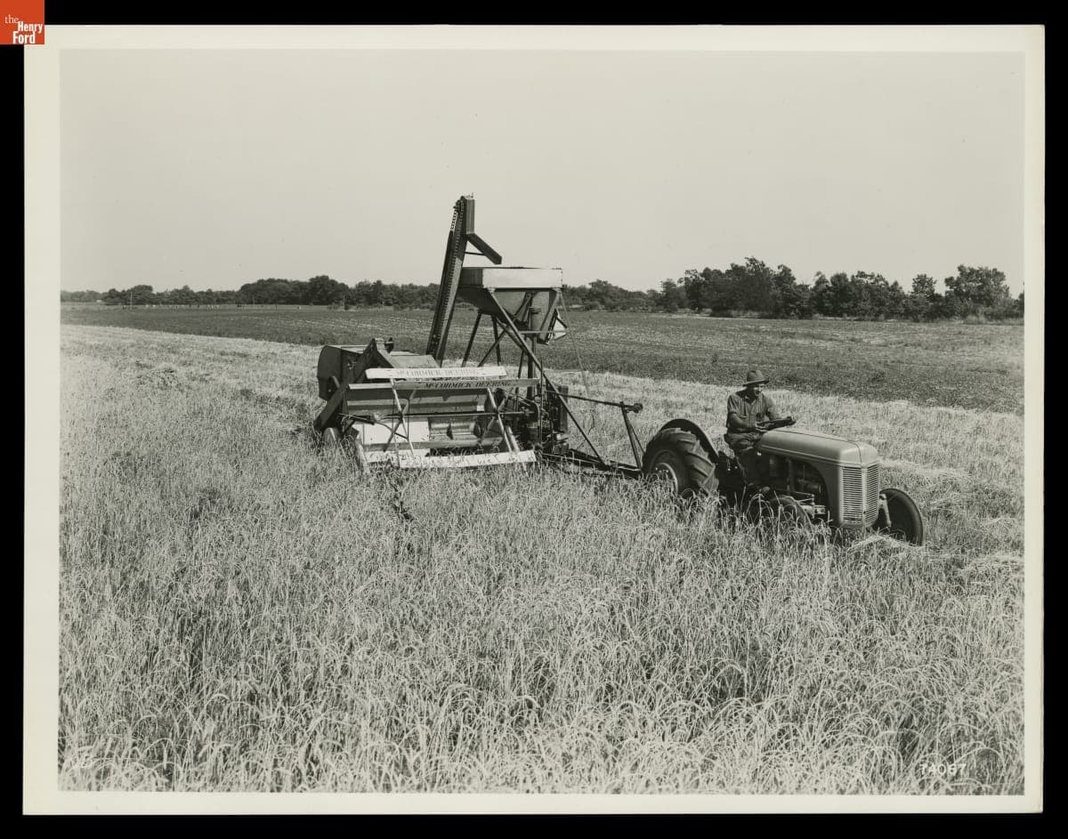 Man Harvesting Wheat Using a Ford-Ferguson Tractor with Combine Attached, Indiana, August 1940