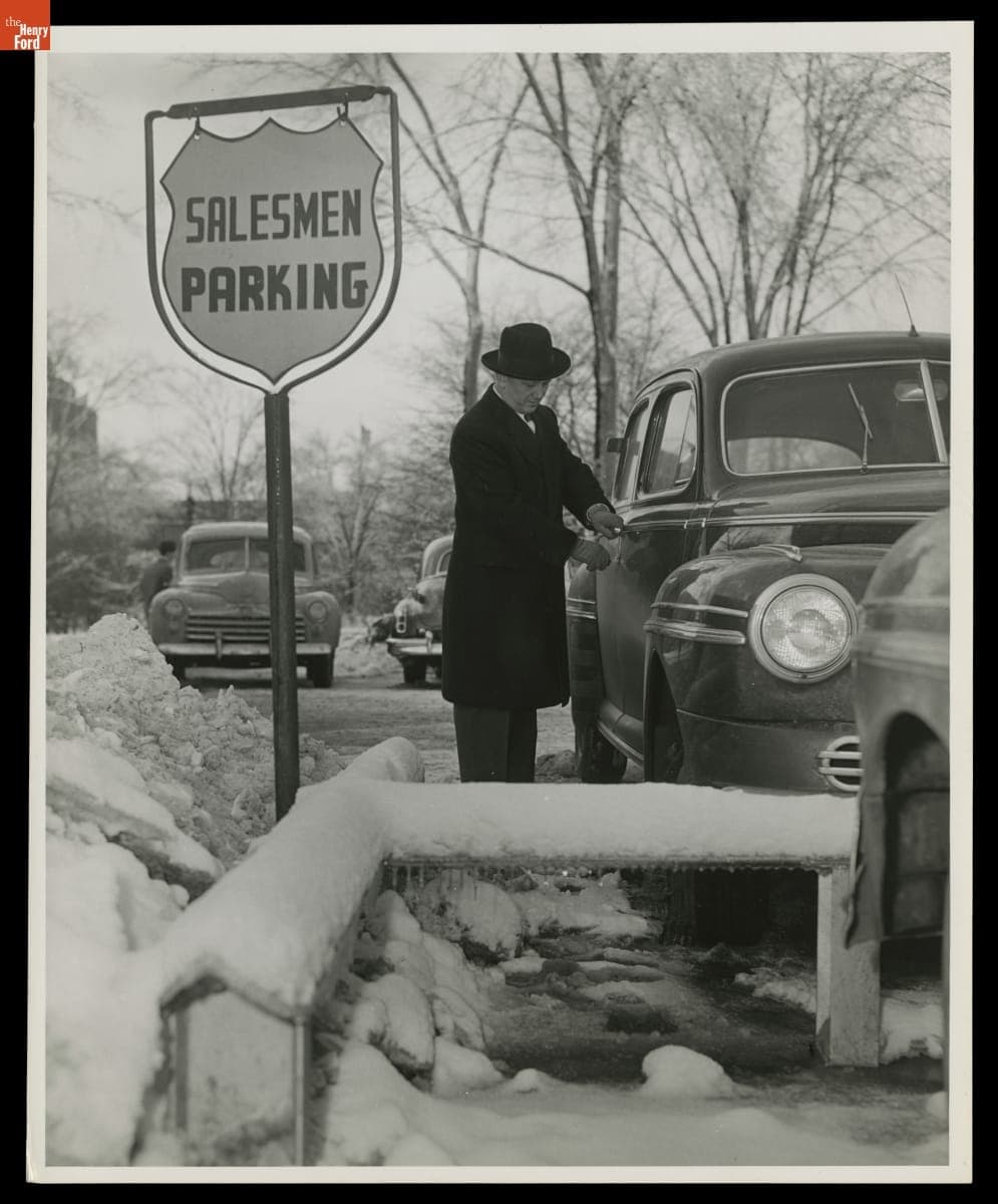 "Salesmen Parking" Area outside the Ford Rouge Plant Administration Building, Dearborn, Michigan, January 1948