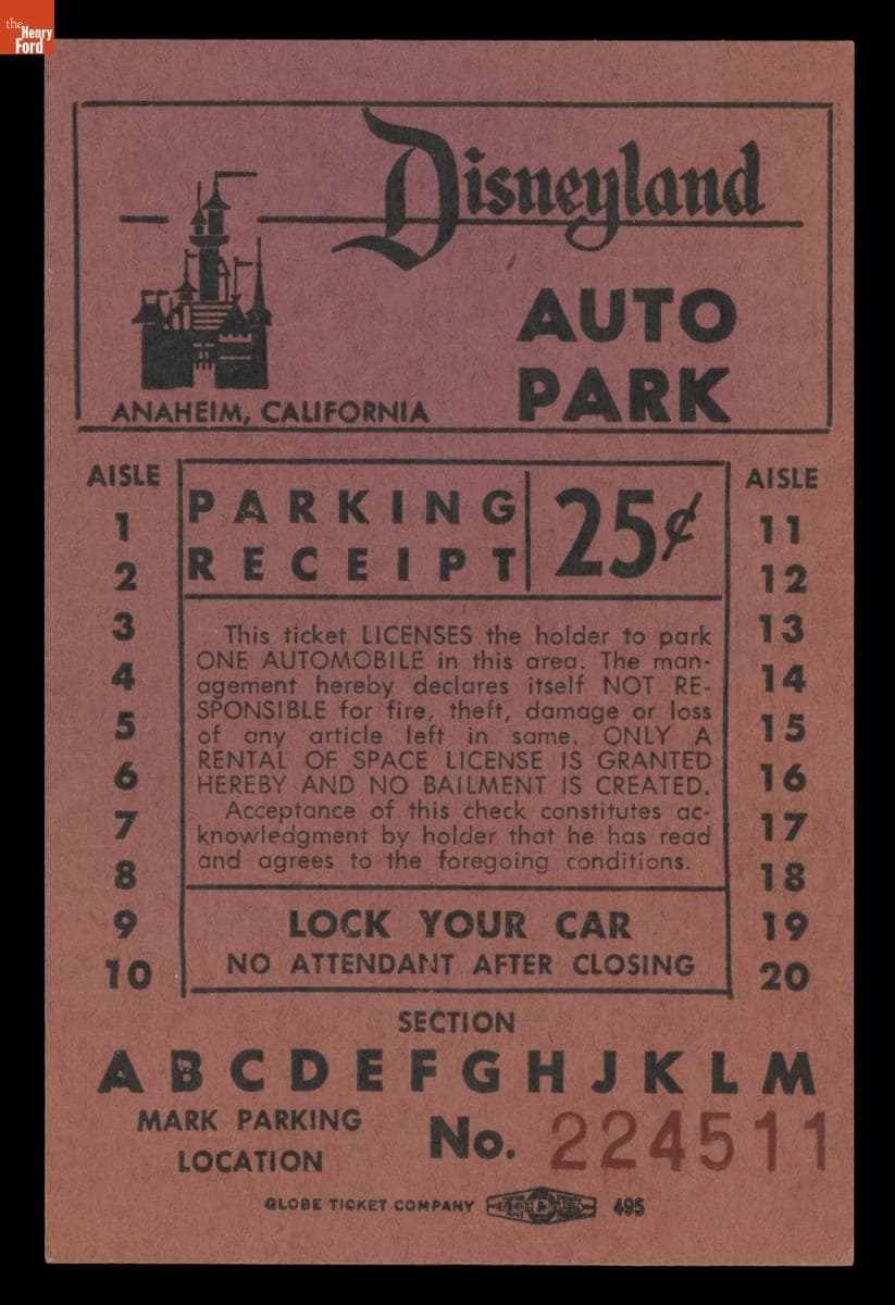 Ticket to Park at Disneyland Auto Park, 1957