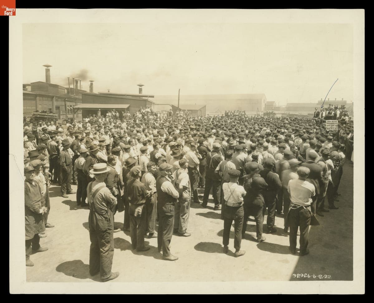 Employees outside the Pressed Steel Building at the Ford Motor Company Rouge Plant, June 1922