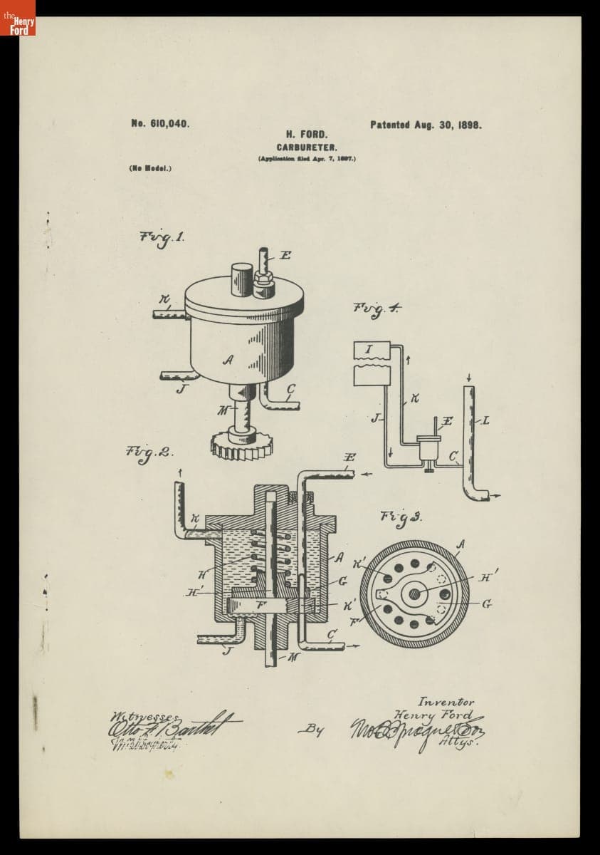 Patent #610,040, Carburetor Improvements by Henry Ford, Granted August 30, 1898