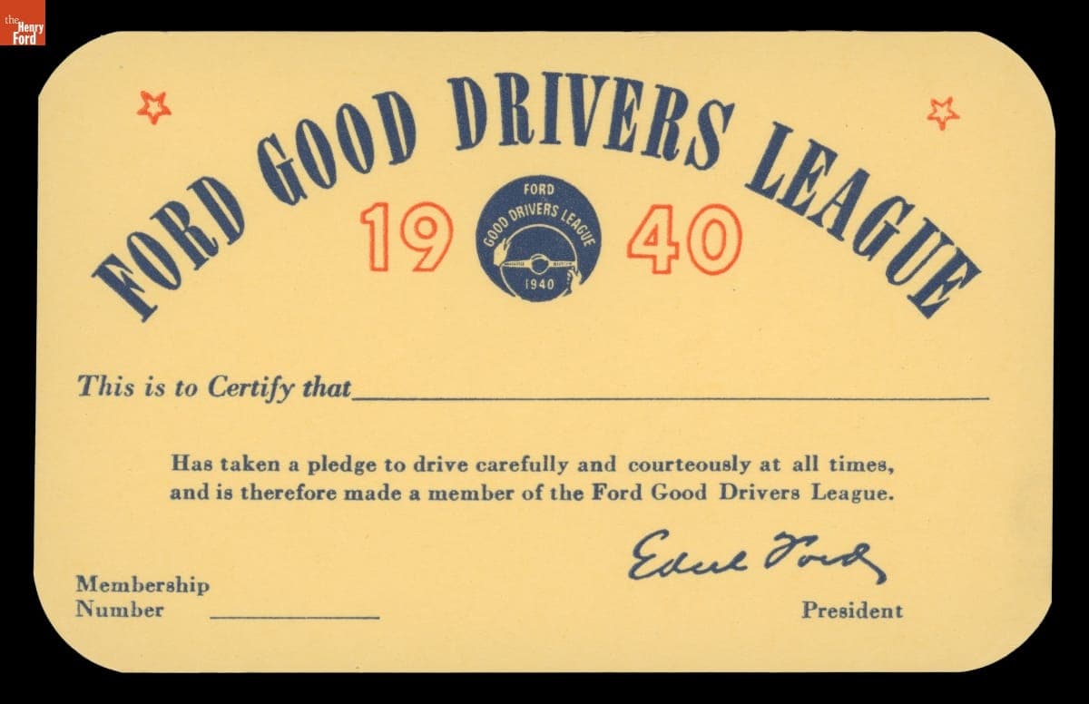 Ford Good Drivers League Membership Card, 1940