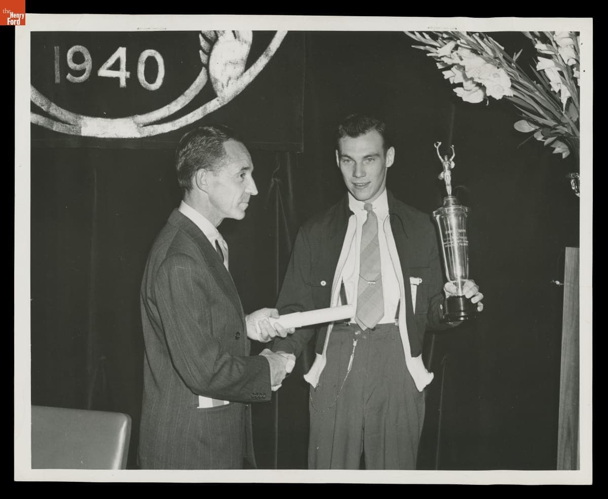 Edsel Ford Awards a $5,000 Scholarship to Gene Kennard, the 1940 Ford Good Drivers League Champion Driver