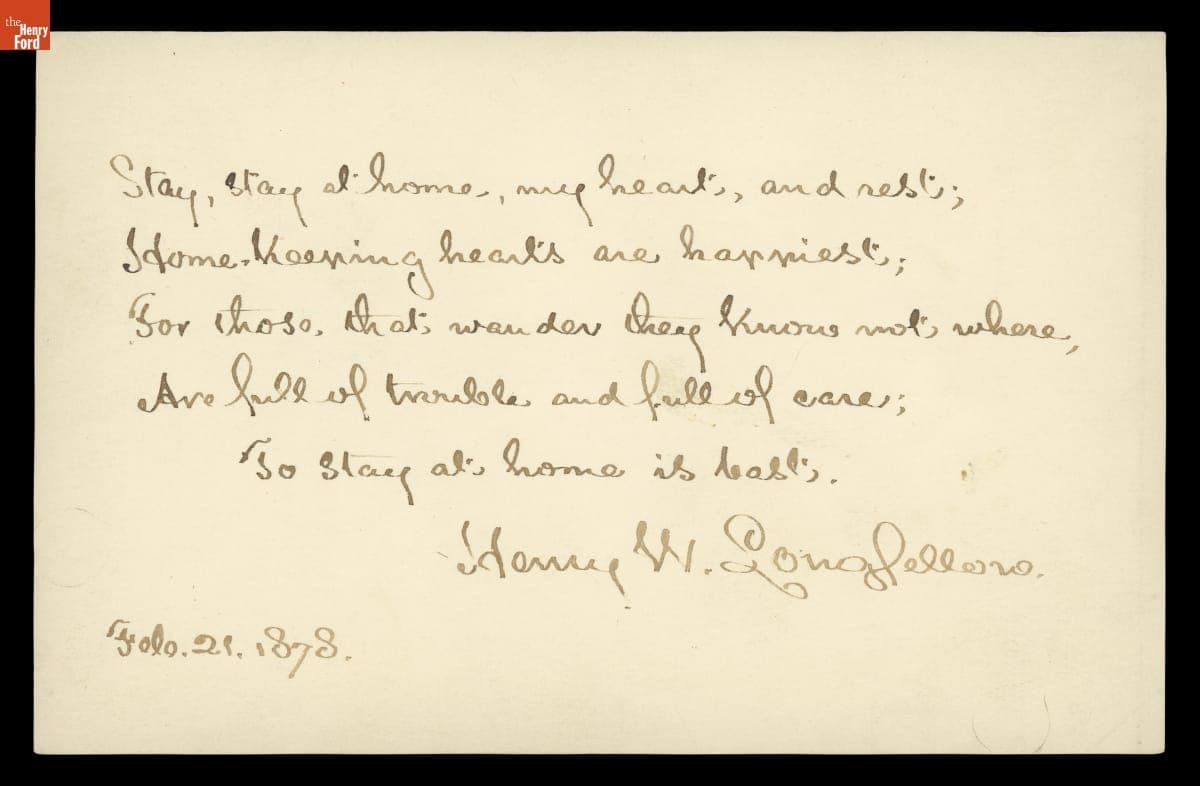 Henry Wadsworth Longfellow Manuscript, "Stay at Home," 1878