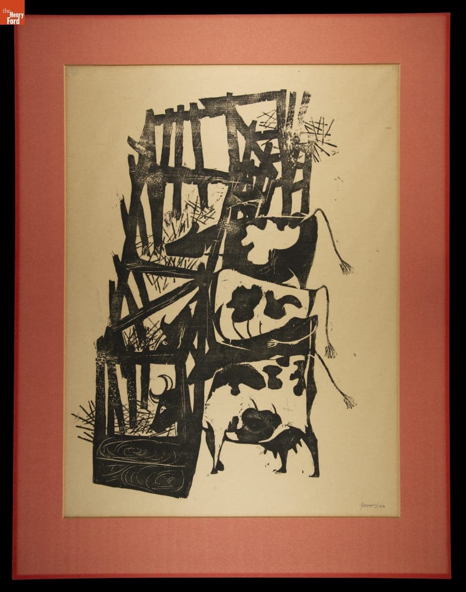 Linocut, "Cows Eating," 1952