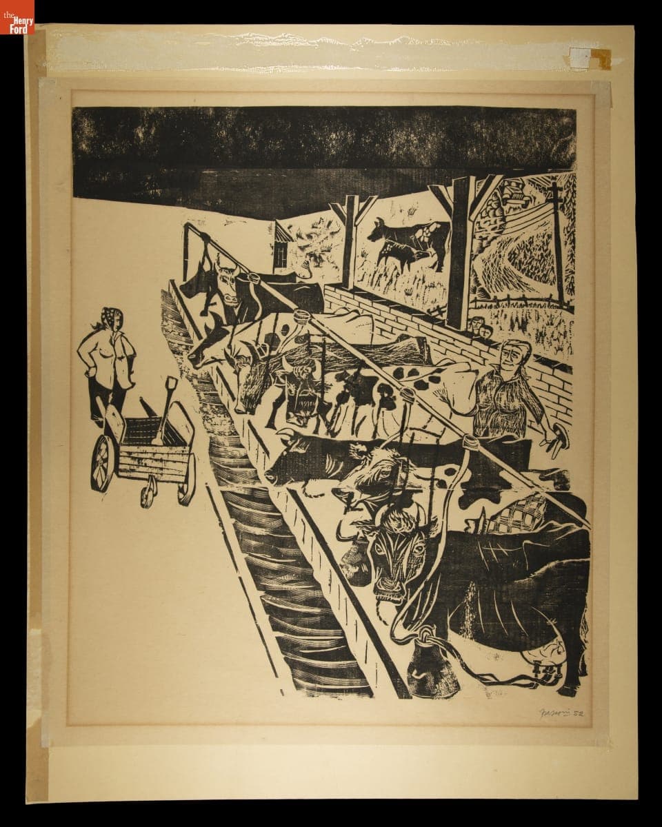 Linocut, "Woman Milking Cows," 1952