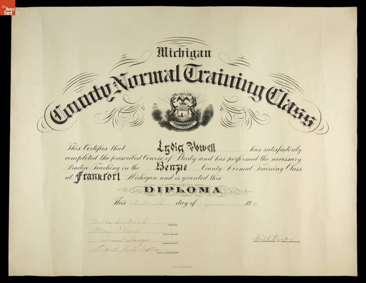 Michigan County Normal Training Class Diploma Awarded to Lydia Powell, June 13, 1918