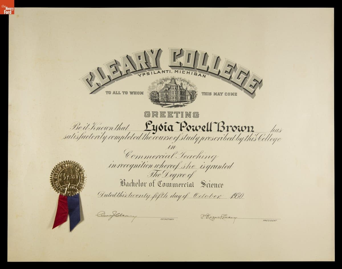 Cleary College Bachelor of Commercial Science Degree Awarded to Lydia Powell Brown, October 25, 1930