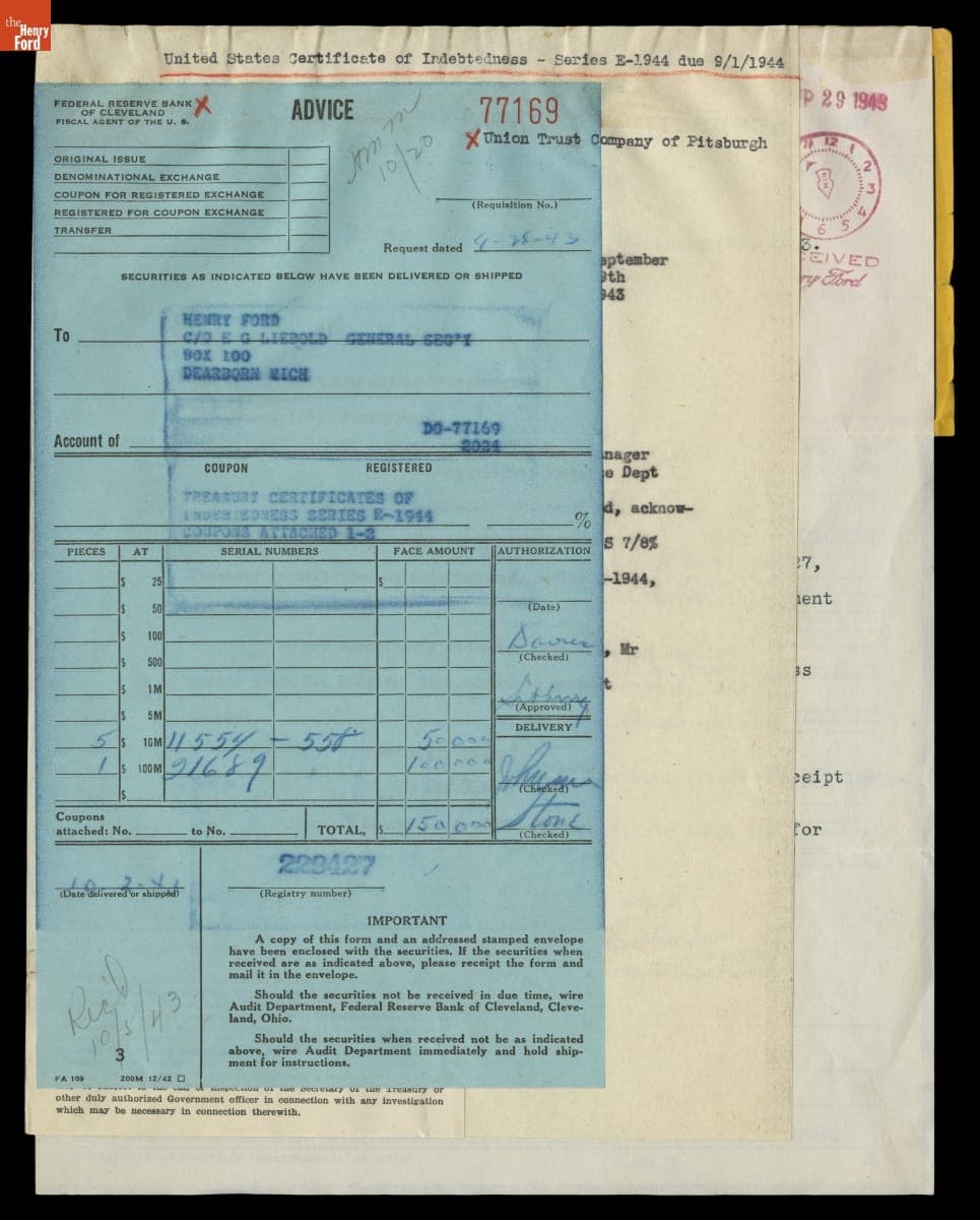 Correspondence between Office of Henry Ford and the Union Trust Company of Pittsburgh, September 1943