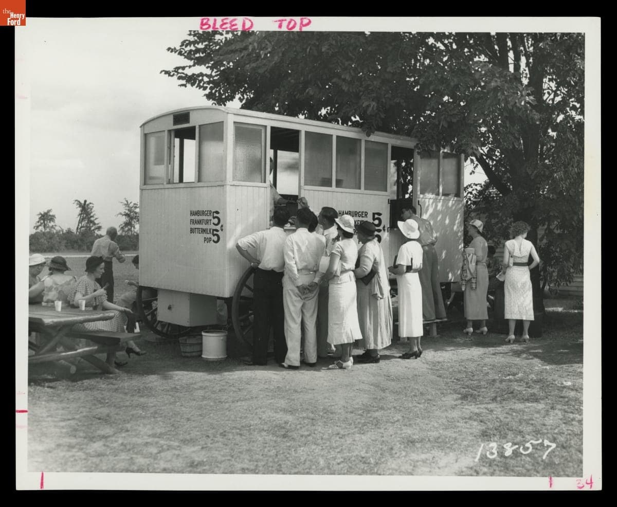 Visitors at the Owl Night Lunch Wagon, Greenfield Village, 1935